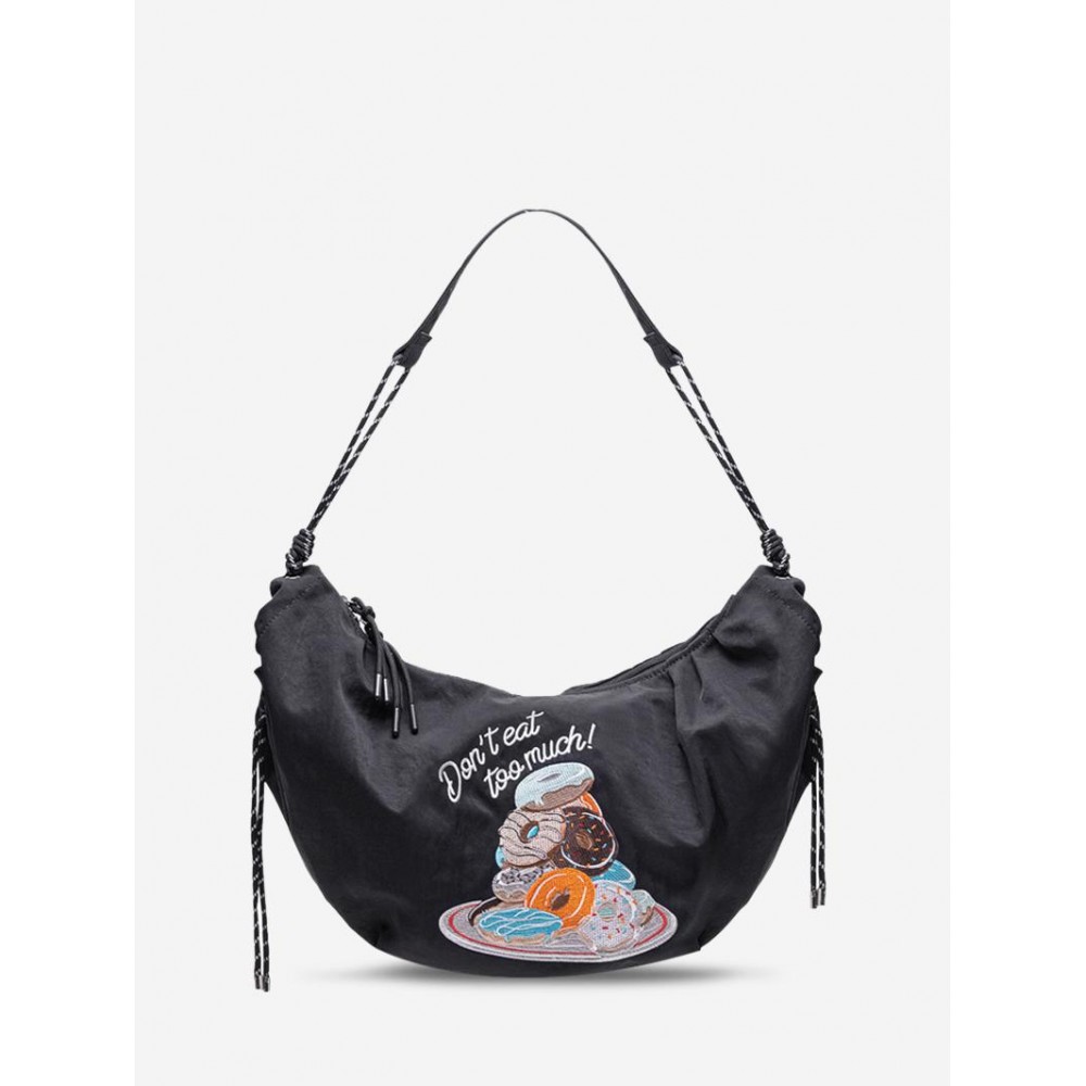 Women's Half Moon Don't Eat Too Much Donuts Embroidered Nylon Shoulder Bag Women's Half Moon Don't Eat Too Much Donuts Embroidered Nylon Shoulder Bag