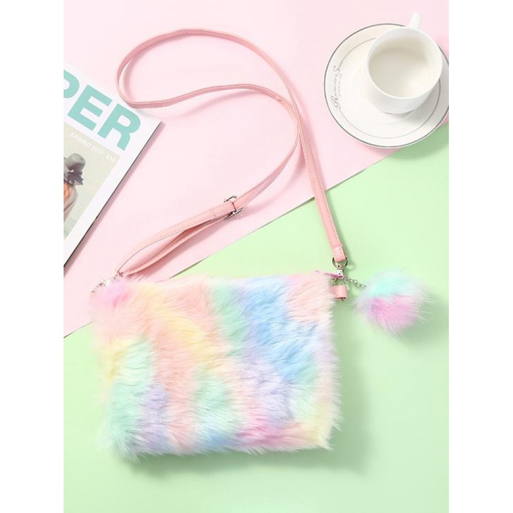 Women's Y2K Fashion Winter Colorful Rainbow Fluffy Faux Fur Pompon Pendant Design Mini Shoulder Bag Women's Y2K Fashion Winter Colorful Rainbow Fluffy Faux Fur Pompon Pendant Design Mini Shoulder Bag