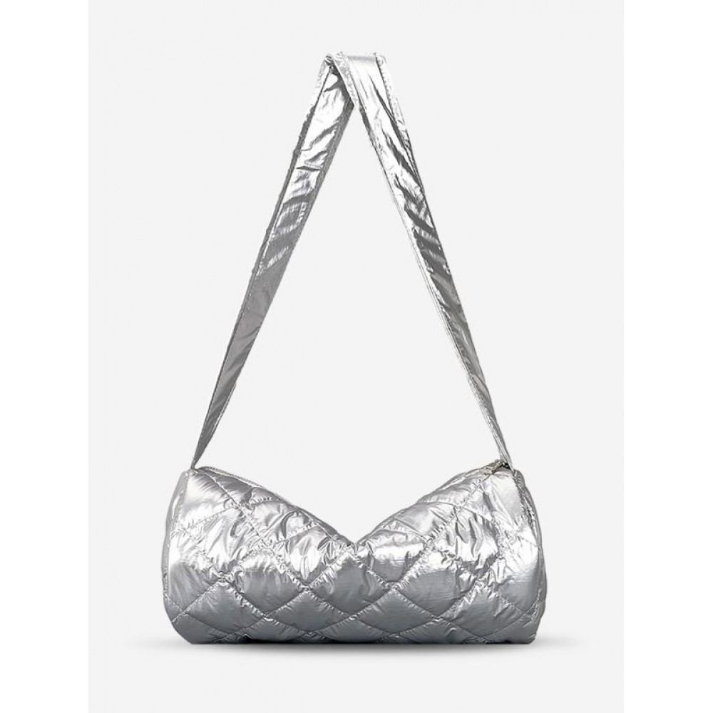 Women's Winter Solid Color Argyle Puffer Padded Quilted Cylinder Shape Shoulder Bag Women's Winter Solid Color Argyle Puffer Padded Quilted Cylinder Shape Shoulder Bag