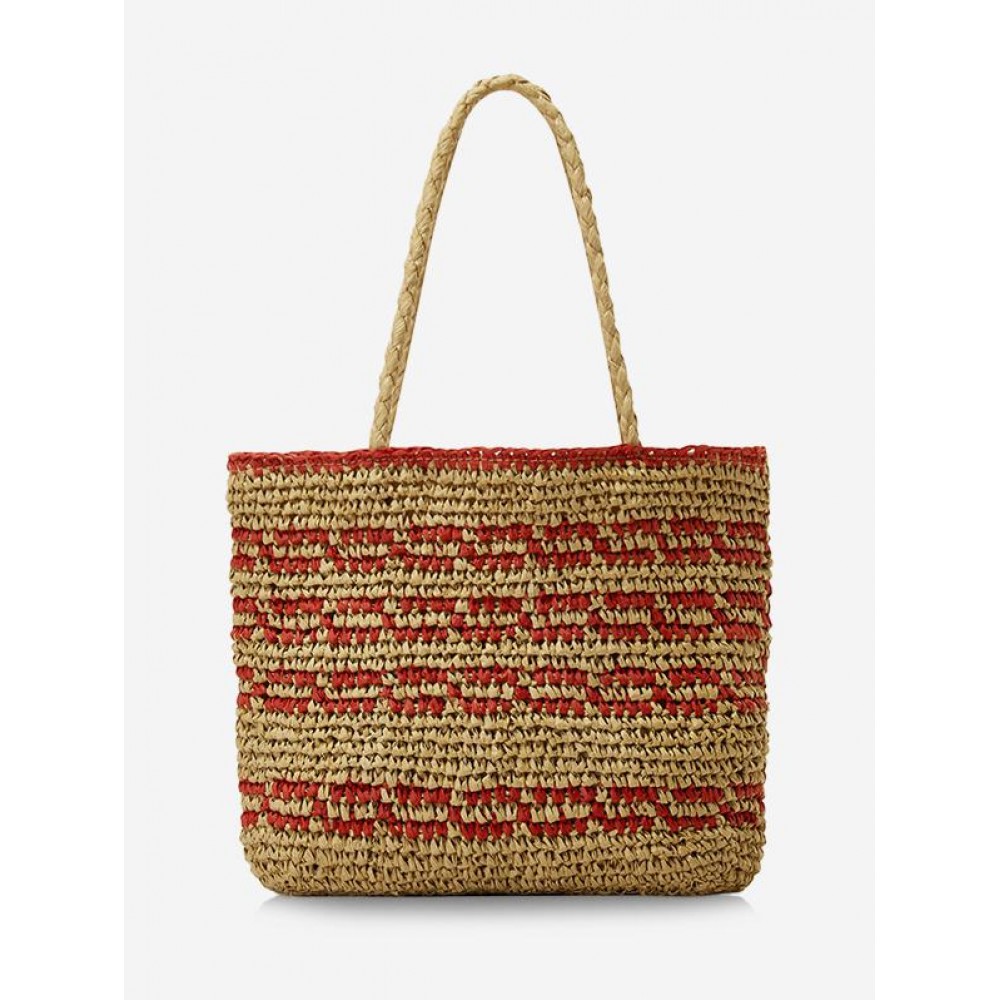Women's Retro Striped Handmade Woven Color Blocking Beach Vacation Drawstring Shoulder Bag Women's Retro Striped Handmade Woven Color Blocking Beach Vacation Drawstring Shoulder Bag