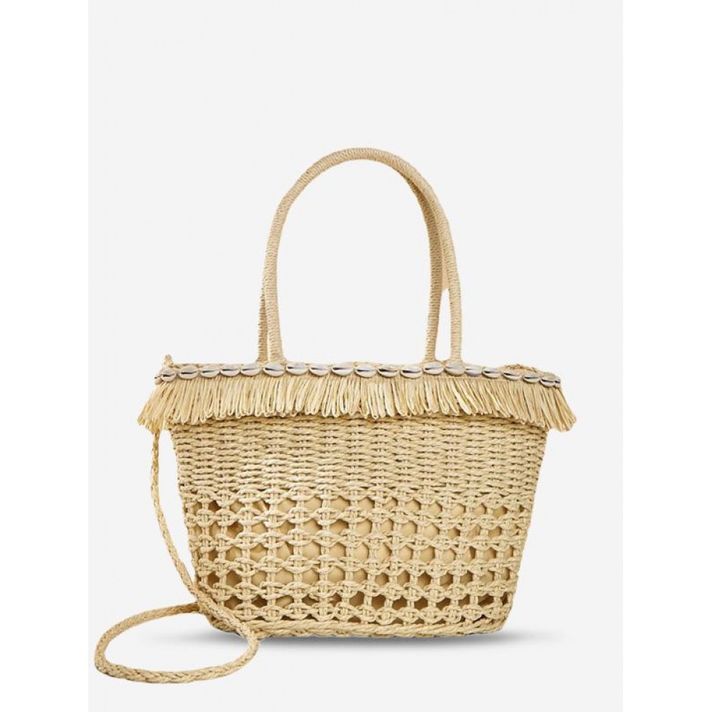 Shell Embellished Fringed Beach Vacation Straw Tote Bag Shell Embellished Fringed Beach Vacation Straw Tote Bag